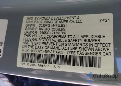 2021 Honda Accord Sport Special Edition из США, поврежденный, VIN 1HGCV1F45MA114205